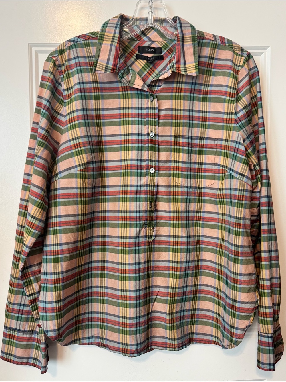 J.Crew Classic Silk Blend Plaid Popover Shirt Medium Pink Green Preppy